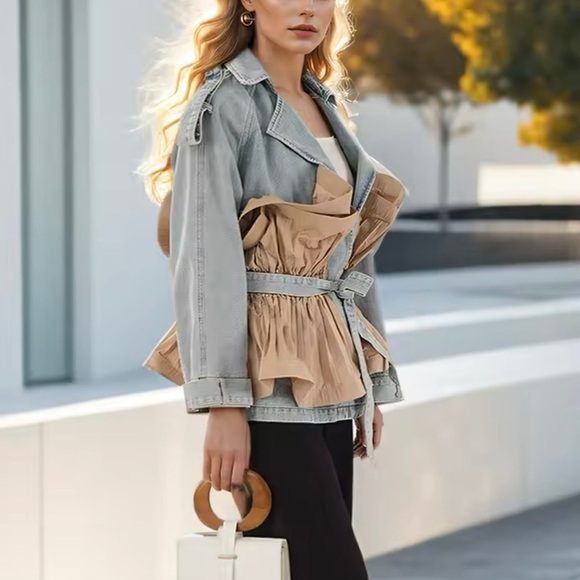 NEW WOMENS DENIM PATCHWORK RUFFLES JACKET MEDIUM - Picture 6 of 11